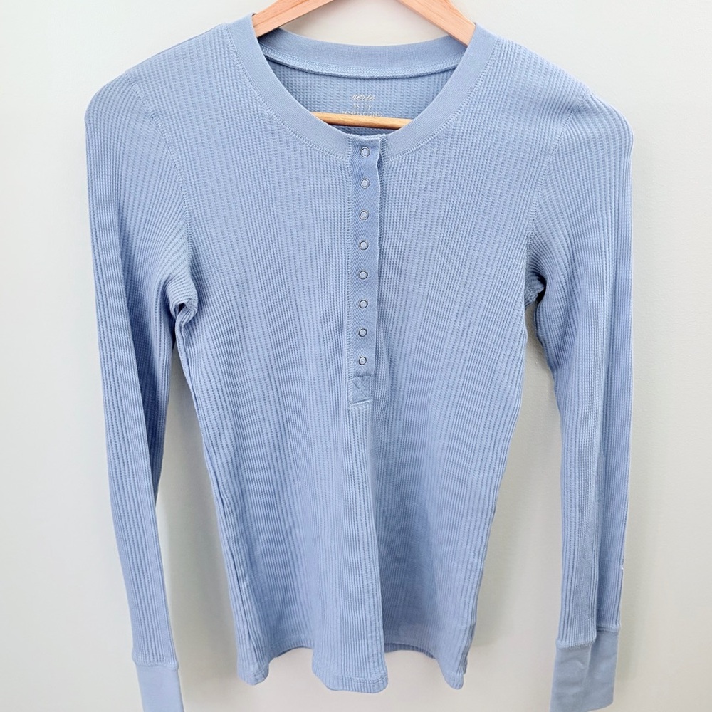 Aerie Ribbed Henley Top XS Light Blue Long Sleeve Fitted Soft Basic